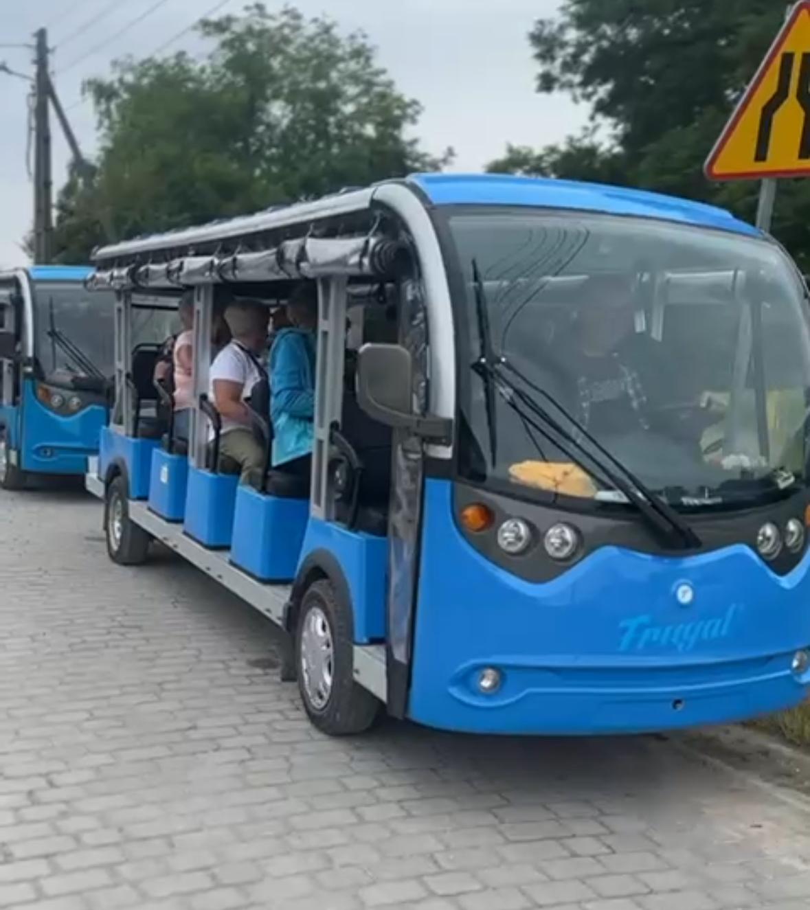 Turyści odkrywający atrakcje Kazimierza Dolnego Niebieskim Ekobusikiem